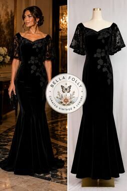 Rickie Freeman Teri Jon Black Velvet Lace Mermaid Gown 8 Black Tie Formal Goth